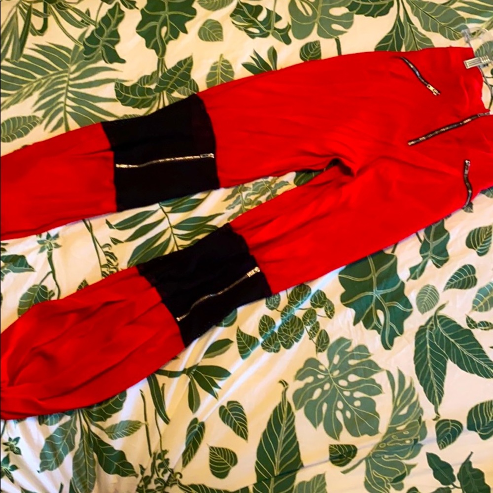 Red Cut-Out Mesh Pants